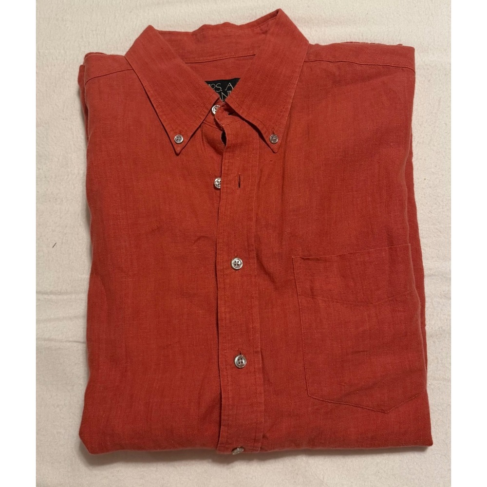 Jos. A. Bank Mens Large Red 100% Linen Short Sleeve Button Down Shirt Terracotta